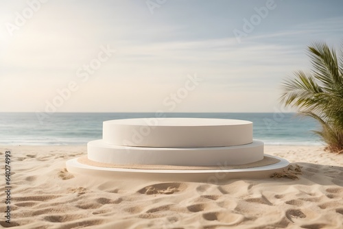 Summer tropical background Podium on sand beach on sea background Mock up for the exhibitions Presentation of products