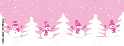 Happy snowmen have fun in winter holidays. Seamless border. Christmas background. Four different snowmen in pink winter hats and scarfs. Greeting card template. Vector illustration on pink