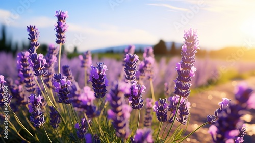 A tranquil photograph showcasing lavender fields in their full bloom