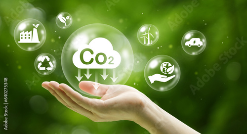 Obraz na plátně Carbon Credit or CO2 Trading Carbon Trading Certificate Sustainable Business and Environment Industries and companies Reduce carbon emissions to reach net zero emissions target