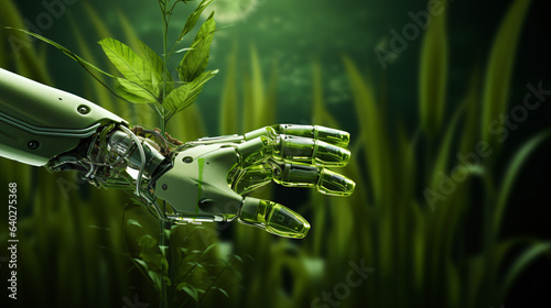 Green technology conceptual design, human arm covered with grass and lush and robotic hand photo