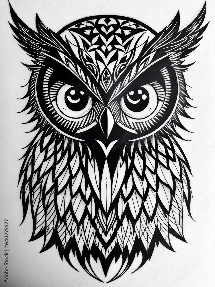 Fototapeta premium Black and white vector drawing of an owl. Tattoo sketch. Generative AI