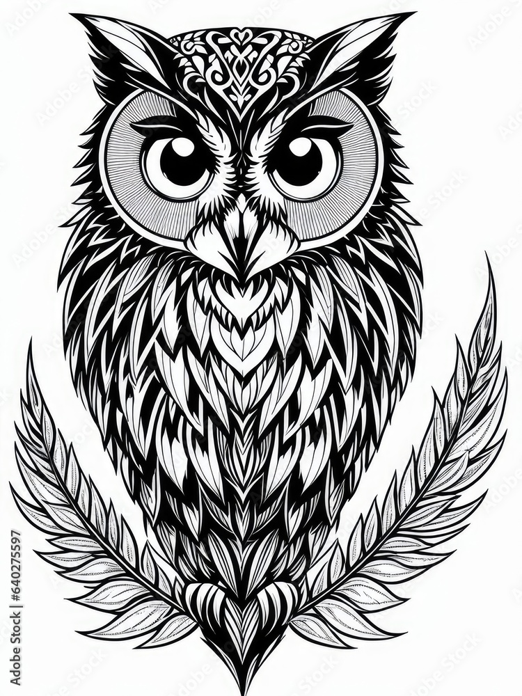 Fototapeta premium Black and white vector drawing of an owl. Tattoo sketch. Generative AI