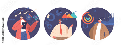 Isolated Round Icons Or Avatars Of Characters In Virtual Reality Glasses At Business Meeting, Participants Interact