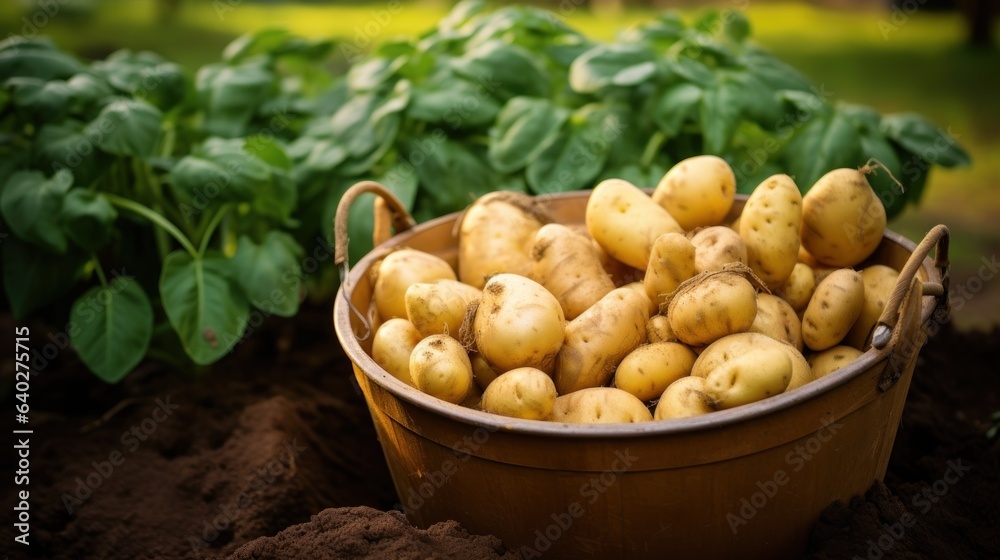 Bucket full of freshly picked potatoes. Bucket full of freshly picked potatoes.