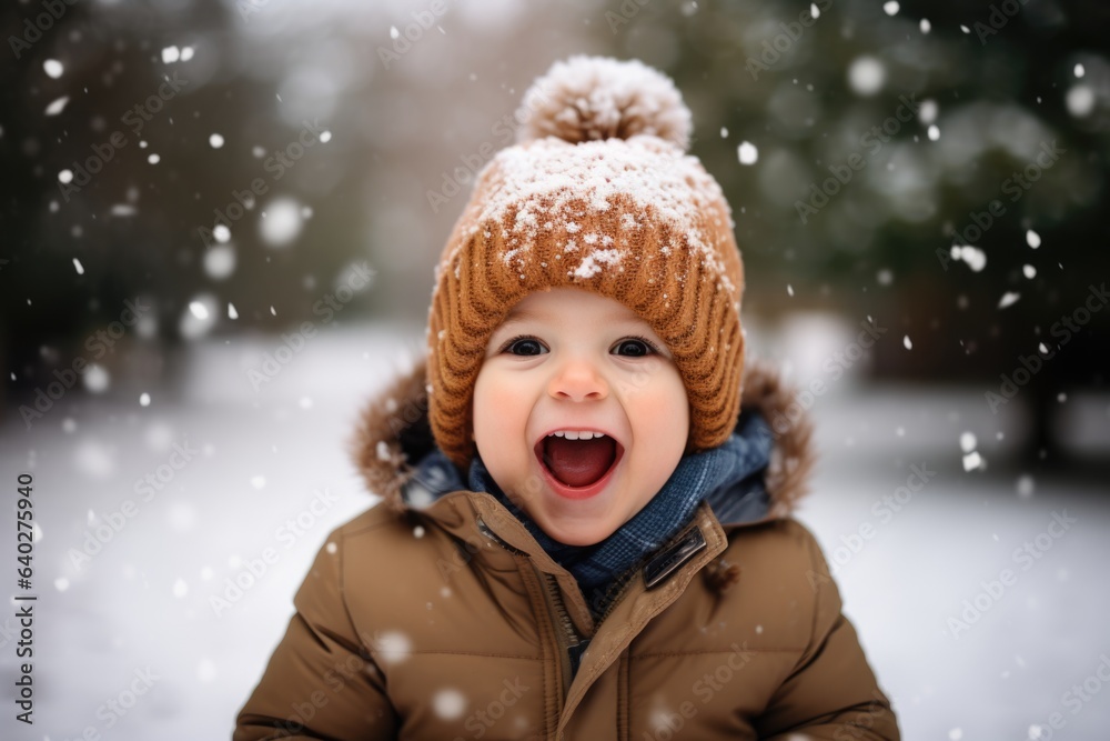 Cute child with happy face wearing a warm hat and warm jacket surrounded with snowflakes. Winter holidays concept. Cute child with happy face wearing a warm hat and warm jacket surrounded with snowflakes. Winter holidays concept.