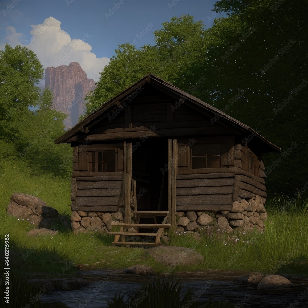 Illustration, an old wooden mill in the forest. Generative AI Illustration, an old wooden mill in the forest. Generative AI