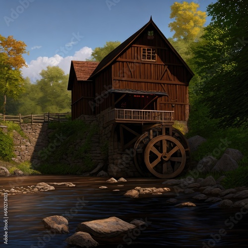 Illustration, an old wooden mill in the forest. Generative AI