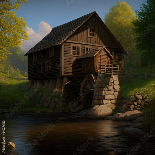 Illustration, an old wooden mill in the forest. Generative AI