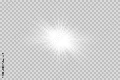 White glowing light explodes on a transparent background. with ray. Transparent shining sun, bright flash.