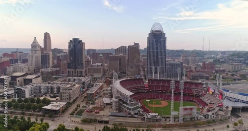 Downtown Cincinnati, Ohio skyline, aerial drone shot of the stadium