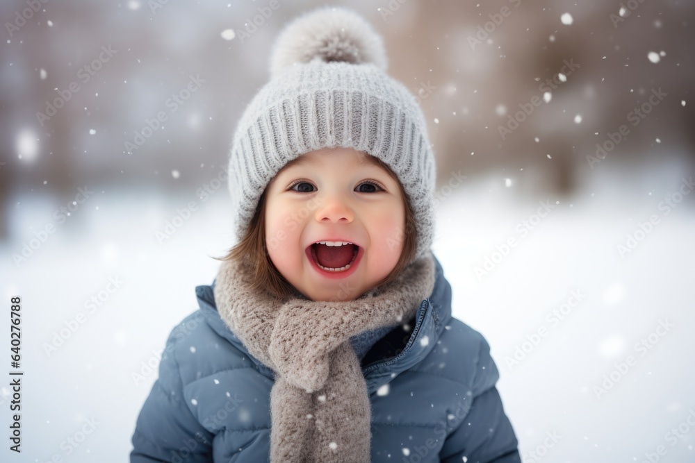 Cute child with happy face wearing a warm hat and warm jacket surrounded with snowflakes. Winter holidays concept. Cute child with happy face wearing a warm hat and warm jacket surrounded with snowflakes. Winter holidays concept.