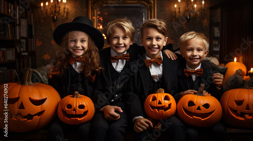 Happy Halloween! a group of children in suits and with pumpkins in home