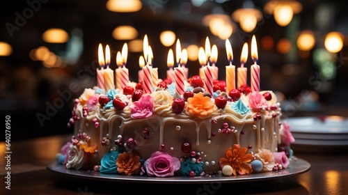 A stunningly decorated birthday cake with flickering candles