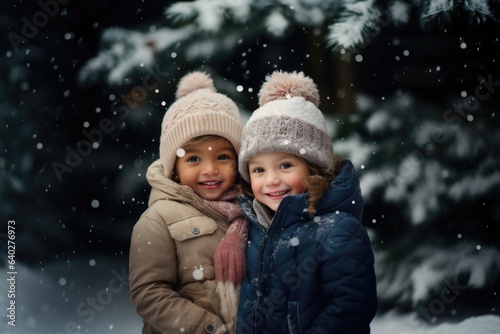 Two cute kids with happy faces wearing a warm hats and warm jackets surrounded with snowflakes. Winter holidays concept.