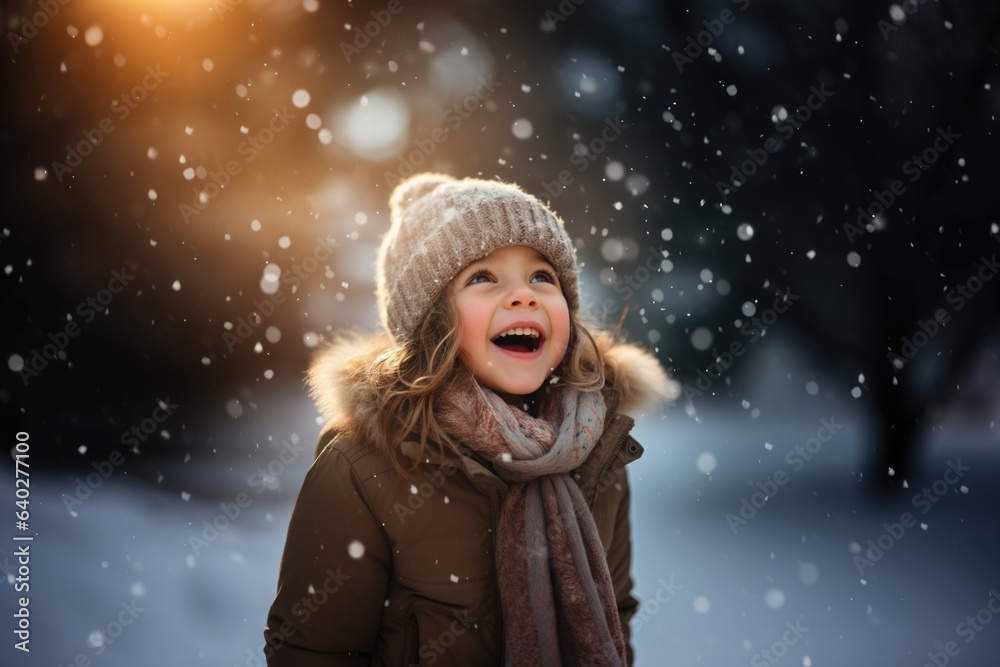 Cute child with happy face wearing a warm hat and warm jacket surrounded with snowflakes. Winter holidays concept. Cute child with happy face wearing a warm hat and warm jacket surrounded with snowflakes. Winter holidays concept.