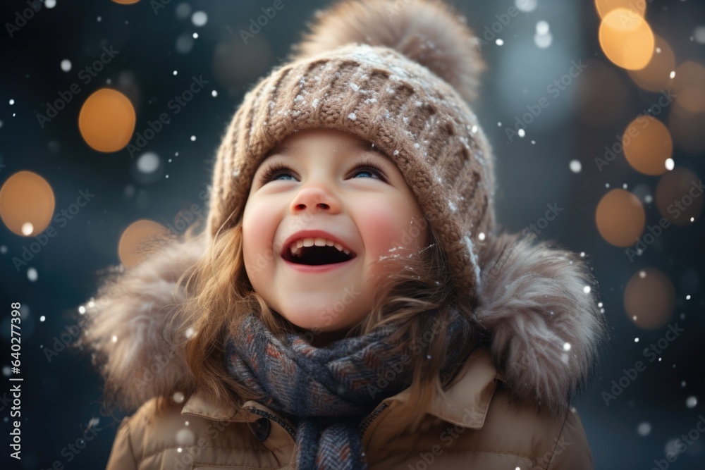 Cute child with happy face wearing a warm hat and warm jacket surrounded with snowflakes. Winter holidays concept. Cute child with happy face wearing a warm hat and warm jacket surrounded with snowflakes. Winter holidays concept.