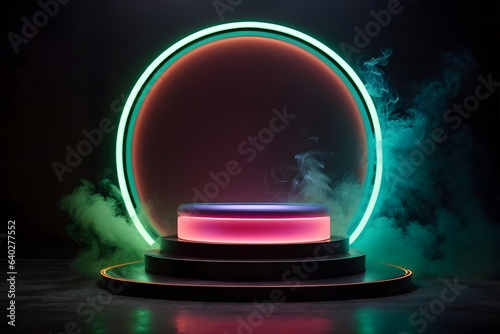 Neon circle podium display neon light smoke product podium in dark background with neon glow  © Sagar