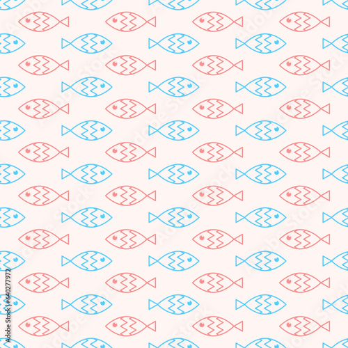 Seamless geometric pattern with pink and blue fish on light background. Vector print for fabric background