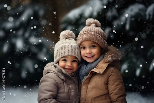 Two cute kids with happy faces wearing a warm hats and warm jackets surrounded with snowflakes. Winter holidays concept.