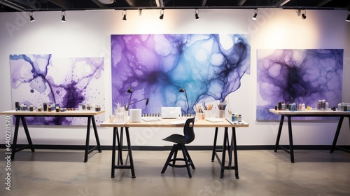 Ink Art Studio   A minimalist studio with oversized canvases featuring ink blots that resemble celestial bodies
