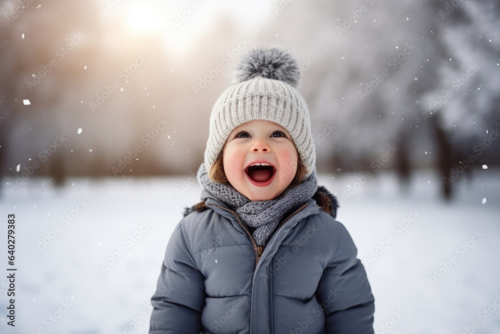 Cute child with happy face wearing a warm hat and warm jacket surrounded with snowflakes. Winter holidays concept.