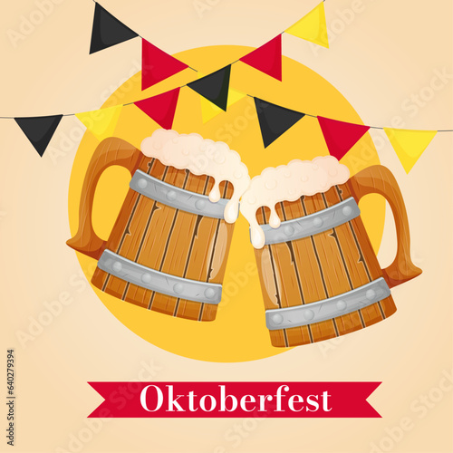 Oktoberfest banner, poster, social media post template with two wooden mugs of beer