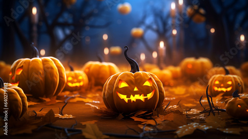 Halloween Jack-o-lantern Pumpkins in a field with blurred background in fall, wide wallpaper for Halloween, 16:9 aspect ratio, Halloween Decorations, Halloween Backdrop