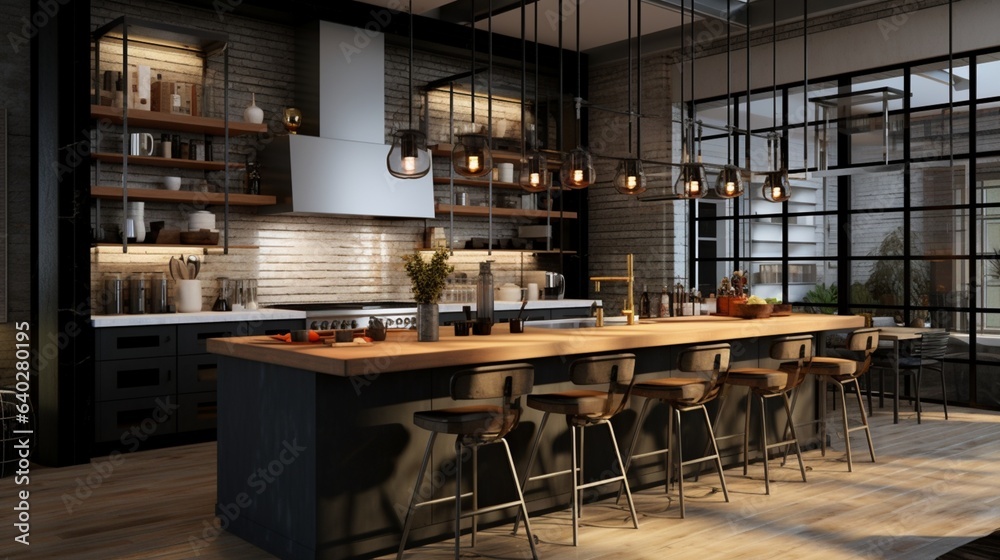 Kitchen , A functional kitchen space with stainless steel appliances, concrete countertops, and hanging industrial lights
