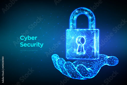 Lock. Cyber security. Padlock With Keyhole icon in hand. Protect and Security or Safe concept. Illustrates cyber data security or information privacy idea. Low polygonal vector Illustration.