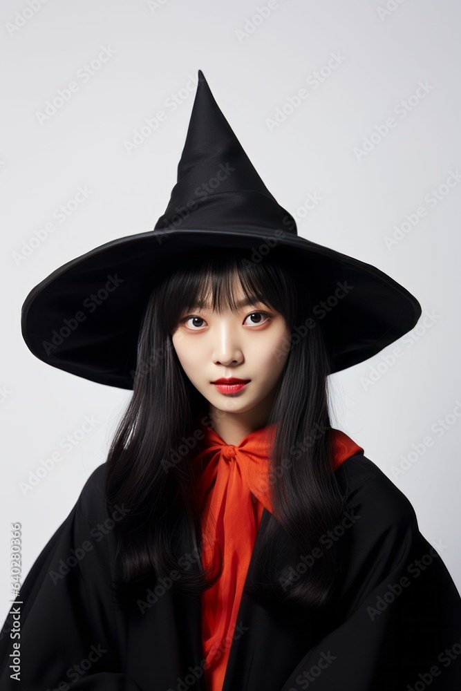 Young Korean Woman in Halloween Witch Costume Portrait Isolated on White Background, Studio Style Young Korean Woman in Halloween Witch Costume Portrait Isolated on White Background, Studio Style