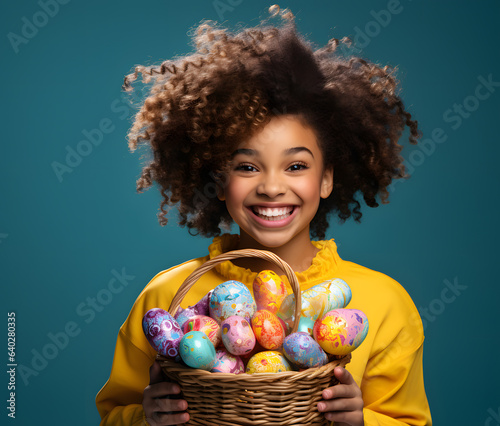 easter eggs in a basket with kjds  photo