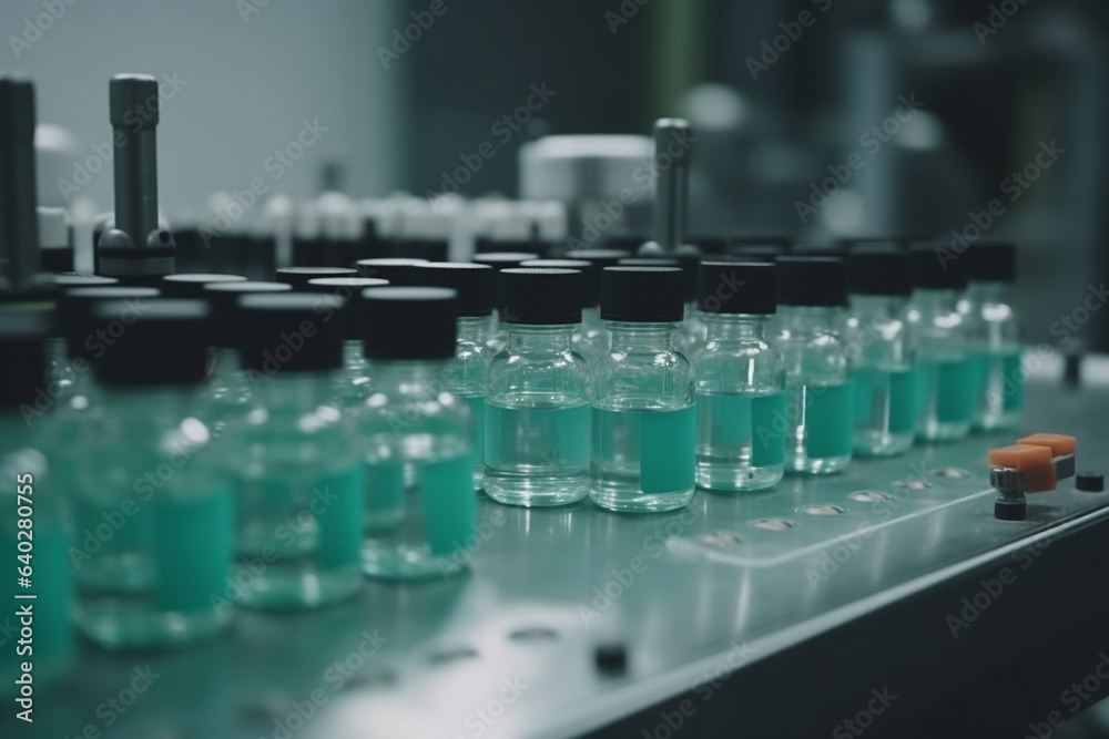 Obraz premium A view of a pharmaceutical production line at work, featuring medical vials and glass bottles, with pharmaceutical machines in operation.