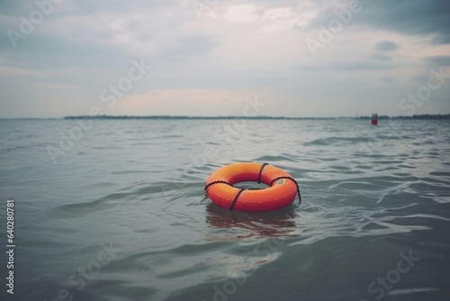 A rescue buoy, also known as a life buoy, floating in the sea, ready to save individuals from drowning.