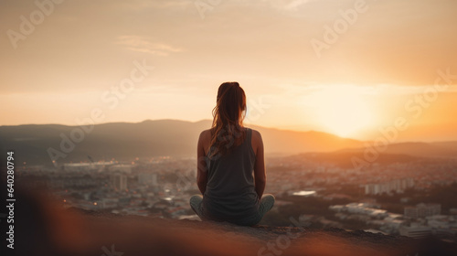 A calm woman meditating at sunset, with a blurred background, representing stress relief and mental wellness.