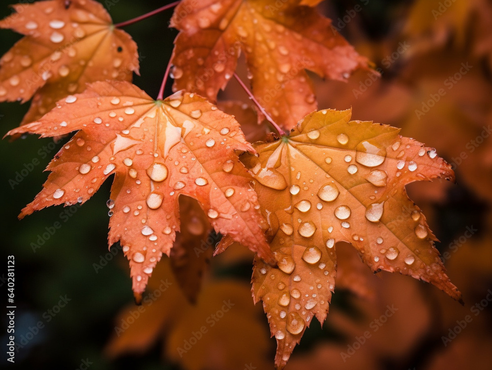 striking close-up of vibrant orange maple leaves adorned with glistening raindrops, capturing the beauty of nature's details. striking close-up of vibrant orange maple leaves adorned with glistening raindrops, capturing the beauty of nature's details.