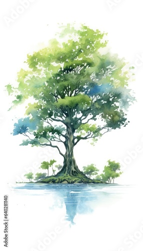 Green oak tree isolated on a white background. Watercolor illustration.