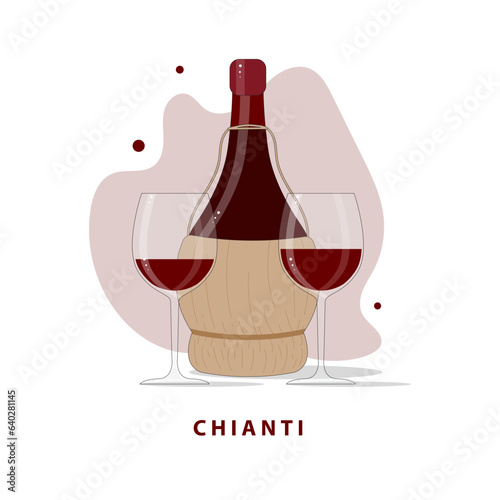 Vászonkép Chianti vector illustration, with two glass of wine and a bottle chianti isolated on white background