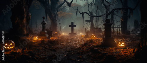 Cemetery at spooky halloween night. Generative AI