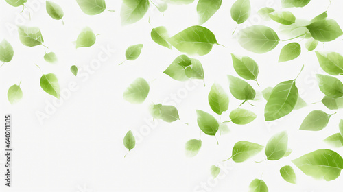 Flying green leaves on transparent background. Fresh spring foliage. Environment and ecology backdrop