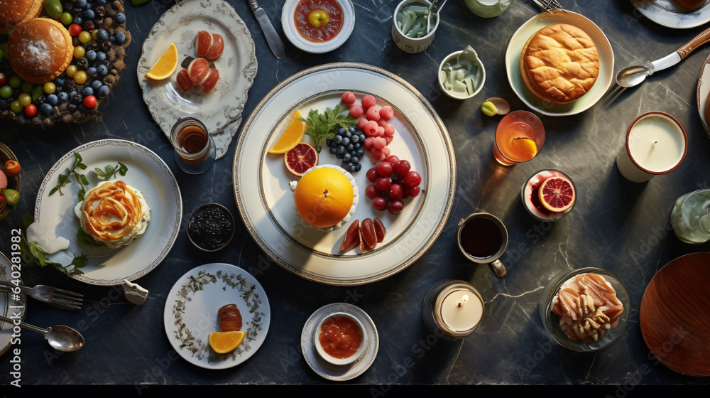 Fancy Breakfast table top angle with variety of dishes - obrazy, fototapety, plakaty 