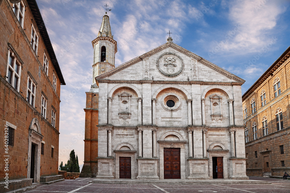 Pienza, Siena, Tuscany, Italy: the ancient cathedral in the main square of the town