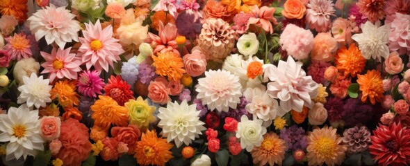Flowers wall background with amazing red,orange,pink,purple,green and white flowers. ,Wedding decoration. Flower shop background. Hand made beautiful flower wall background.