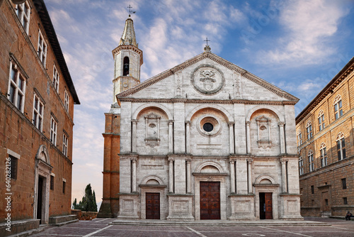 Pienza, Siena, Tuscany, Italy: the ancient cathedral in the main square of the town
