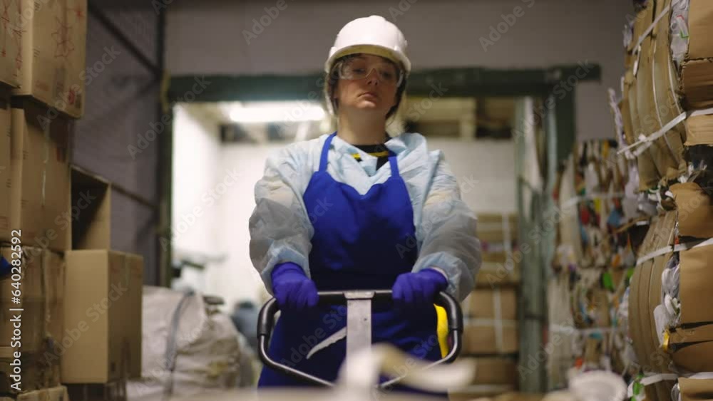 Medium shot of concentrated young woman pulling pushcart with sorted garbage looking around. Front view portrait of Caucasian worker in uniform with packed trash on recycling station indoors Medium shot of concentrated young woman pulling pushcart with sorted garbage looking around. Front view portrait of Caucasian worker in uniform with packed trash on recycling station indoors