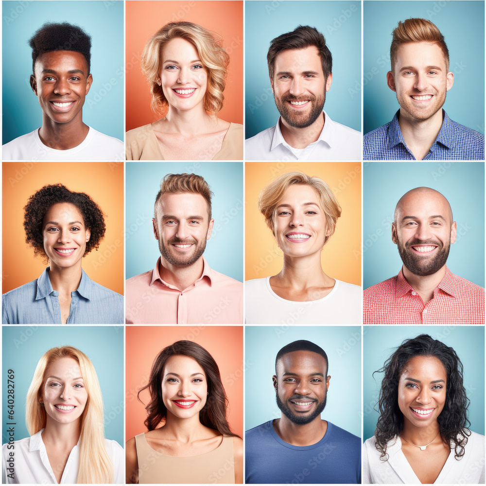 Photo collage portrait of multiracial smiling people with different ages looking at camera. Mosaic of happy modern faces. Photo collage portrait of multiracial smiling people with different ages looking at camera. Mosaic of happy modern faces.