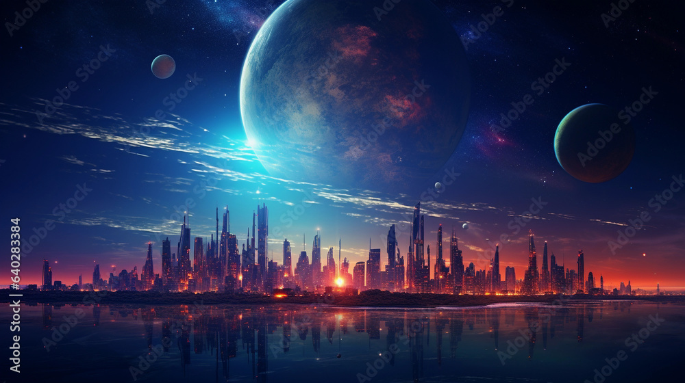 Sunset Dreams in the Celestial City: Futuristic Metropolis with Space Moons