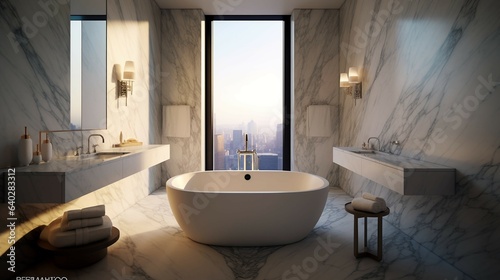 A marble bathroom with a freestanding bathtub