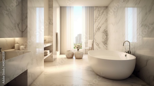 A marble bathroom with a freestanding bathtub 