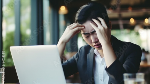 Businesswoman, sitting at the work desk, suffering from syndrome, fatigue after long laptop use, Frustrated suffering from headache feeling stressed